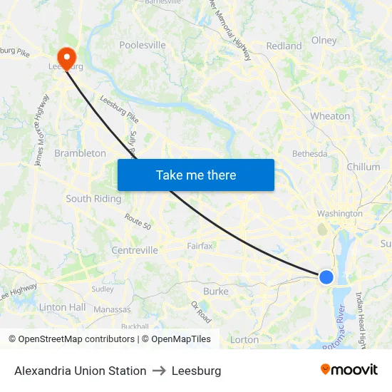 Alexandria Union Station to Leesburg map