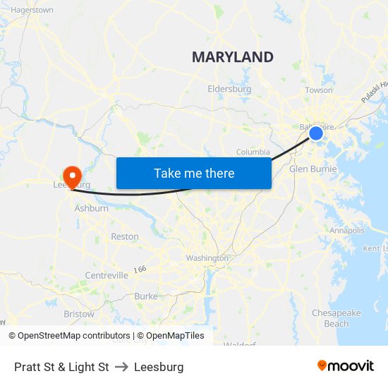 Pratt St & Light St to Leesburg map