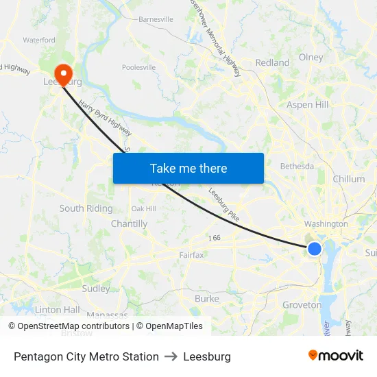Pentagon City Metro Station to Leesburg map