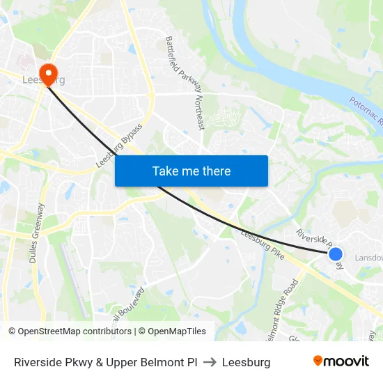 Riverside Pkwy & Upper Belmont Pl to Leesburg map