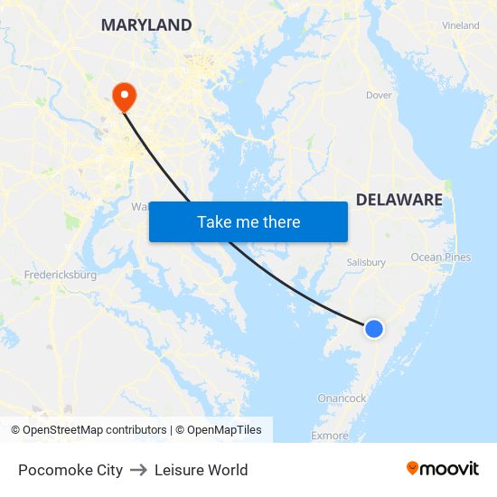 Pocomoke City to Leisure World map