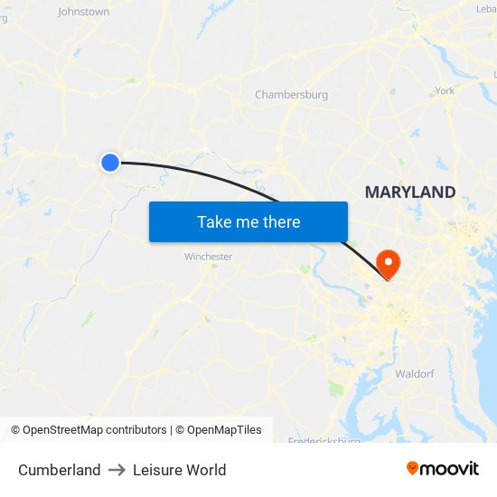 Cumberland to Leisure World map