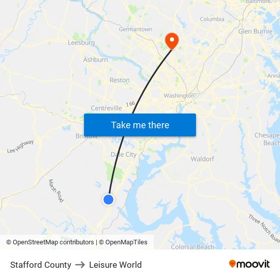 Stafford County to Leisure World map