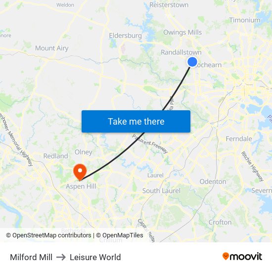 Milford Mill to Leisure World map