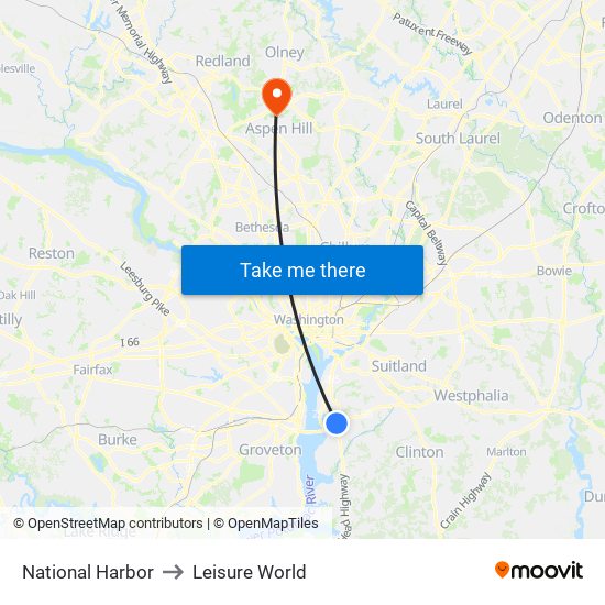 National Harbor to Leisure World map