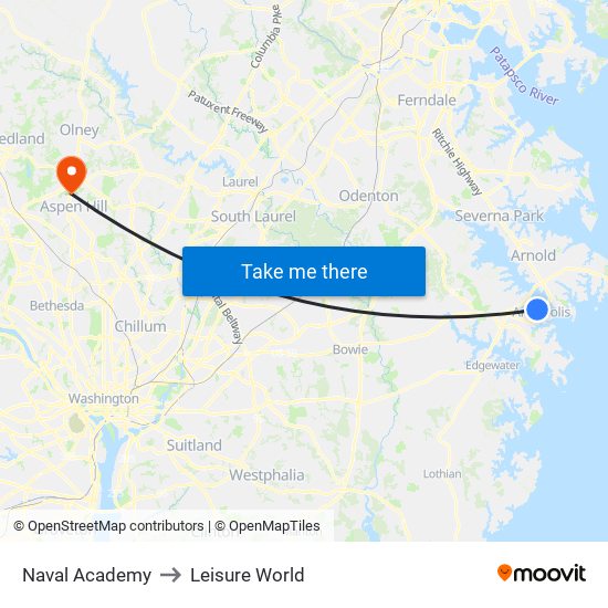 Naval Academy to Leisure World map