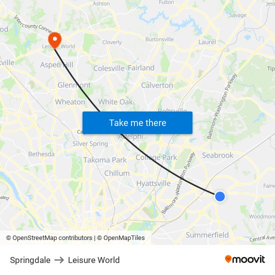 Springdale to Leisure World map