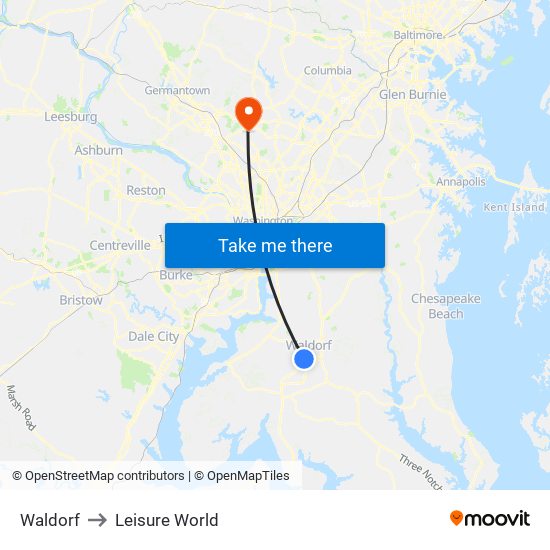 Waldorf to Leisure World map