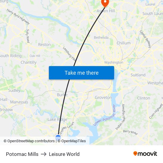 Potomac Mills to Leisure World map