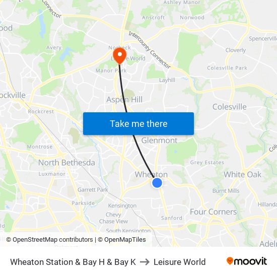 Wheaton Station  & Bay H & Bay K to Leisure World map