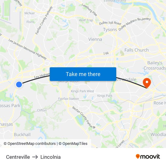 Centreville to Lincolnia map