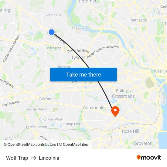 Wolf Trap to Lincolnia map