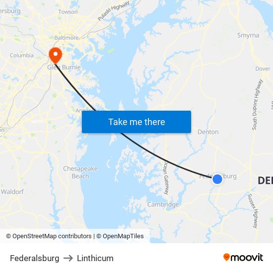 Federalsburg to Linthicum map