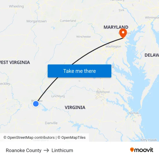 Roanoke County to Linthicum map