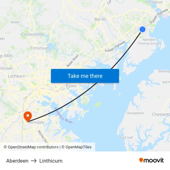 Aberdeen to Linthicum map