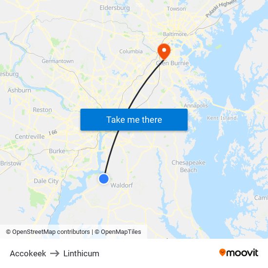 Accokeek to Linthicum map