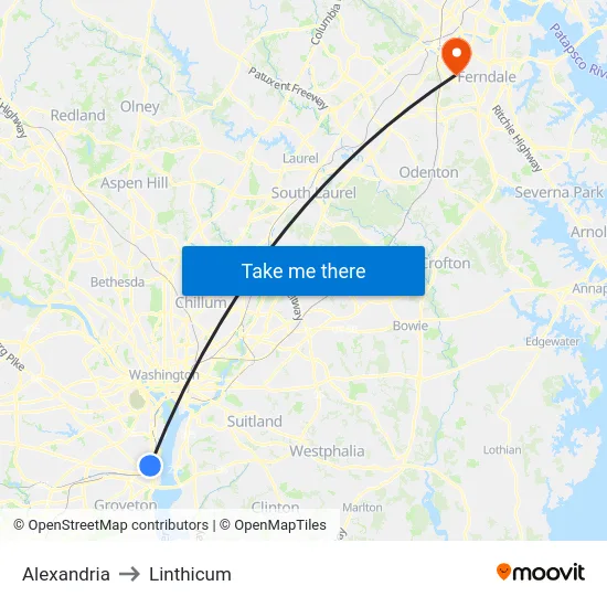 Alexandria to Linthicum map