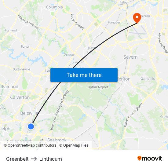 Greenbelt to Linthicum map