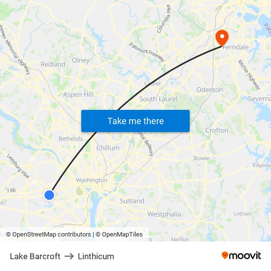 Lake Barcroft to Linthicum map