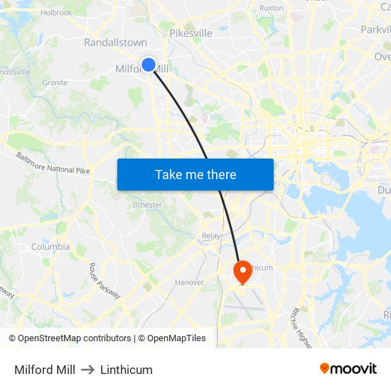 Milford Mill to Linthicum map