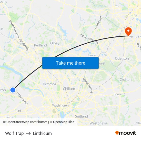 Wolf Trap to Linthicum map