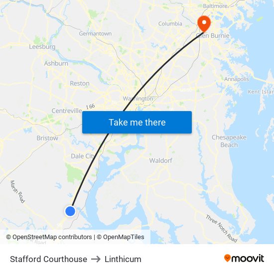 Stafford Courthouse to Linthicum map