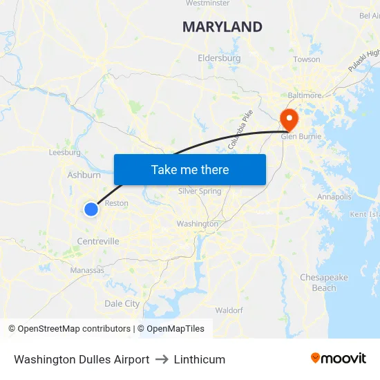 Washington Dulles Airport to Linthicum map