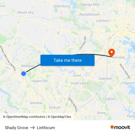 Shady Grove to Linthicum map