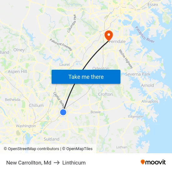 New Carrollton, Md to Linthicum map