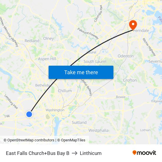 East Falls Church+Bay B to Linthicum map