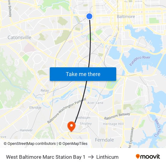 West Baltimore Marc Station Bay 1 to Linthicum map