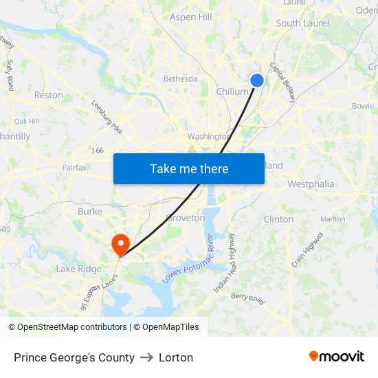 Prince George's County to Lorton map