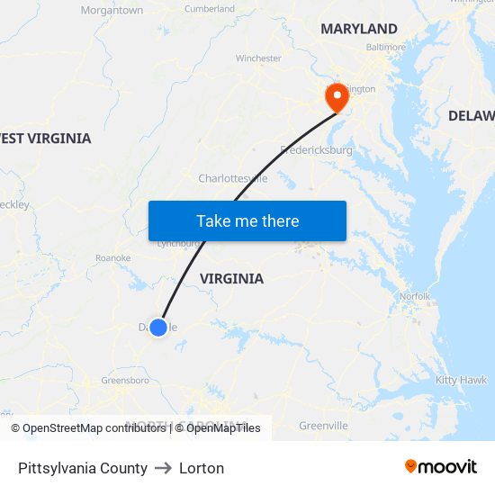 Pittsylvania County to Lorton map