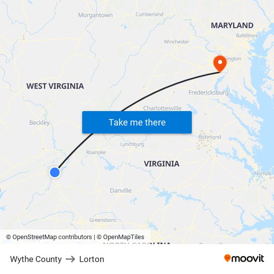 Wythe County to Lorton map