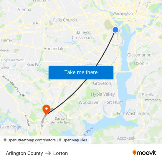 Arlington County to Lorton map