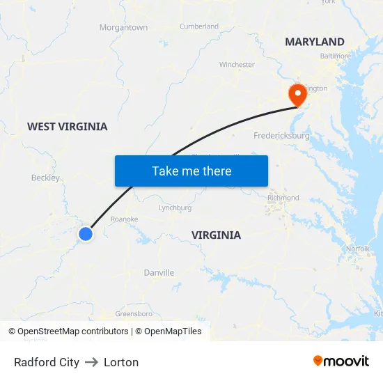 Radford City to Lorton map