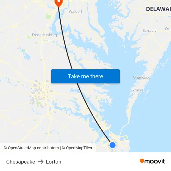 Chesapeake to Lorton map