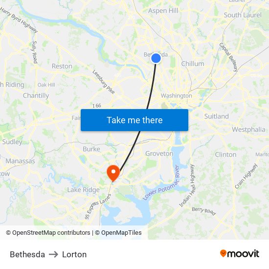 Bethesda to Lorton map