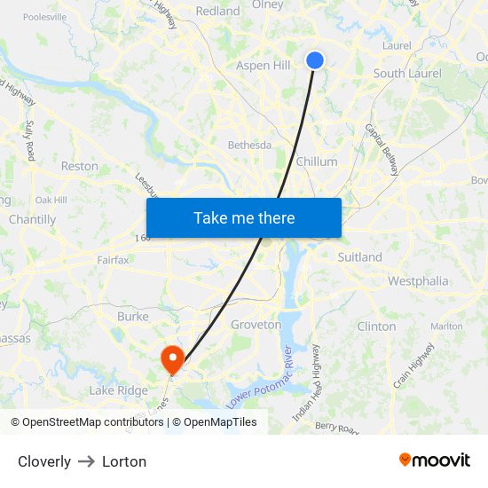 Cloverly to Lorton map