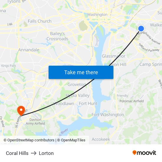 Coral Hills to Lorton map