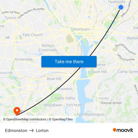 Edmonston to Lorton map