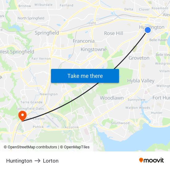 Huntington to Lorton map