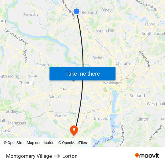 Montgomery Village to Lorton map