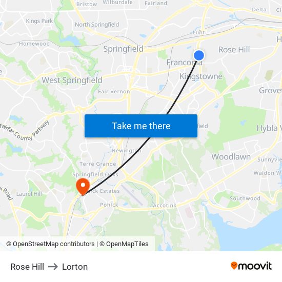 Rose Hill to Lorton map