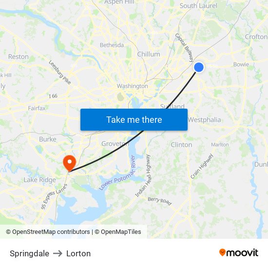 Springdale to Lorton map