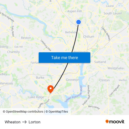 Wheaton to Lorton map