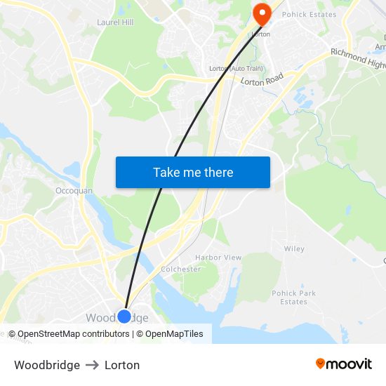 Woodbridge to Lorton map