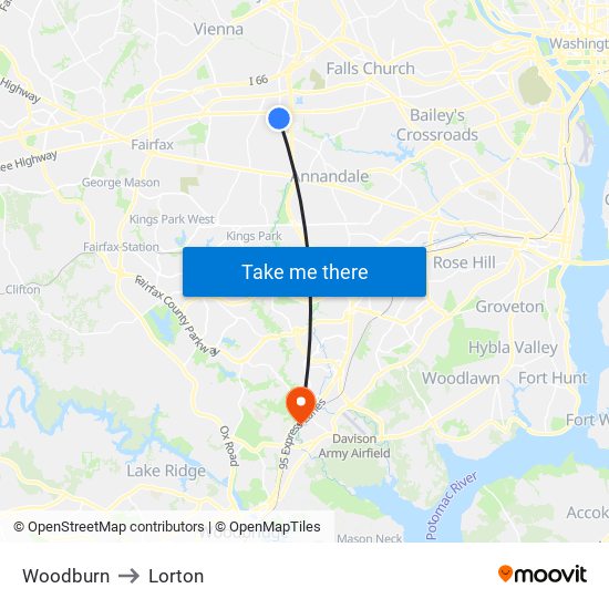 Woodburn to Lorton map