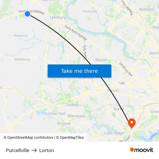 Purcellville to Lorton map