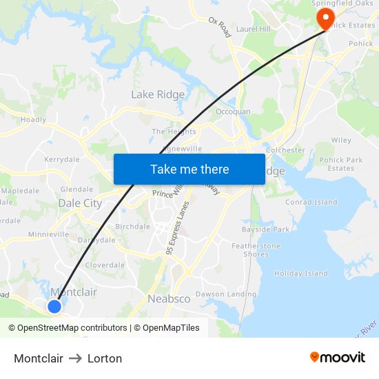 Montclair to Lorton map